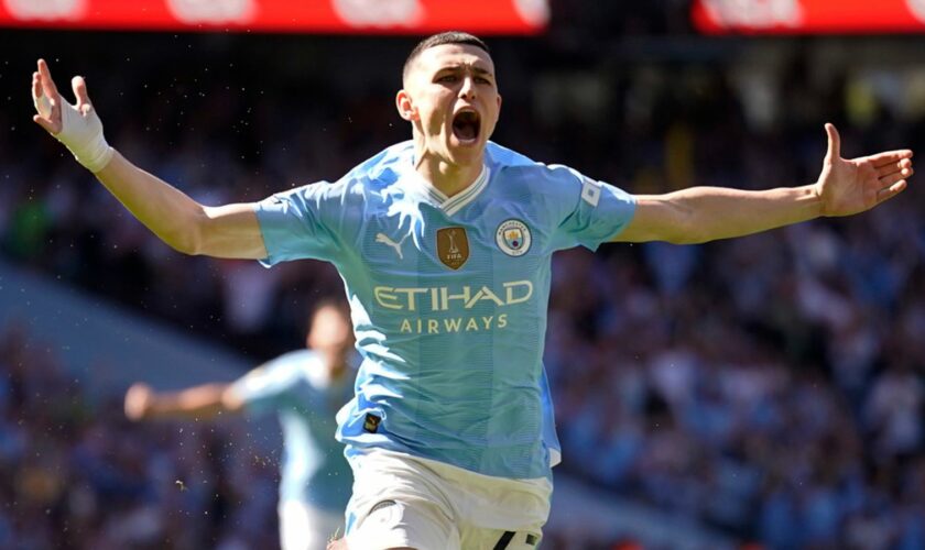 Manchester City's Phil Foden celebrates after scoring his side's opening goal. Pic: AP