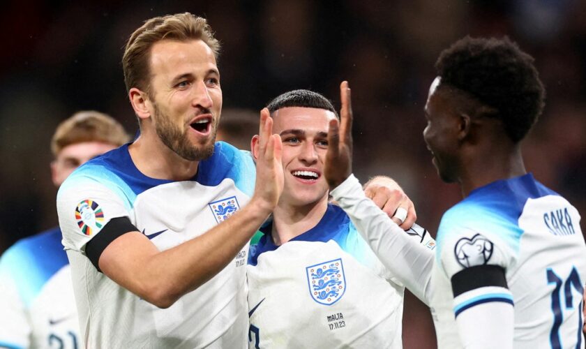 UEFA Euro 2024 Qualifier England v Malta - Wembley Stadium November 17, 2023 England's Harry Kane celebrates scoring their second goal with Bukayo Saka and Phil Foden Pic: Reuters