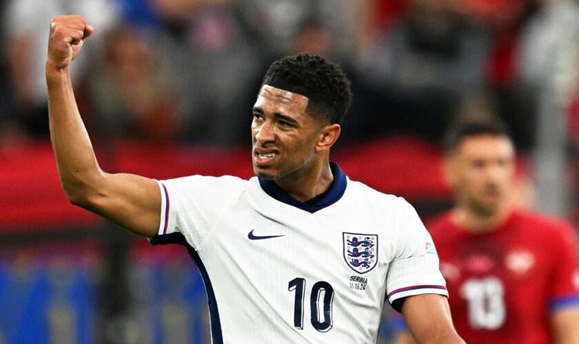 Jude Bellingham celebrates after scoring a header against Serbia at England's first game of Euro 2024. Pic: AP