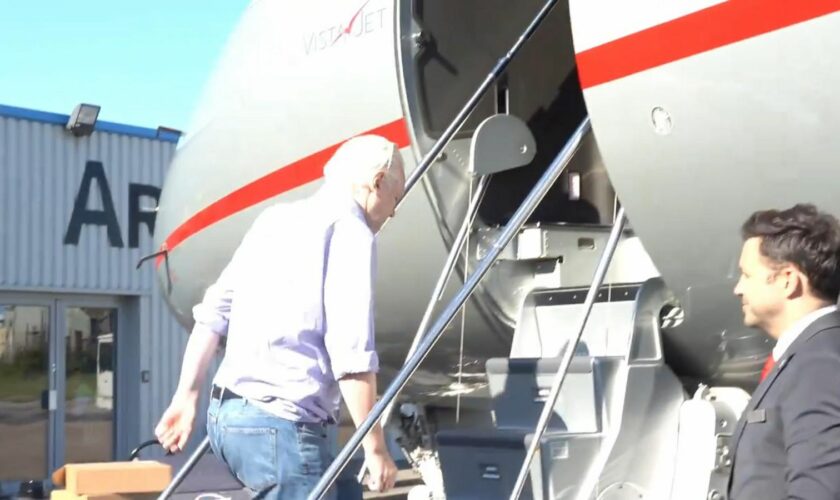 Julian Assange boards his flight out of the UK Pic: Wikileaks