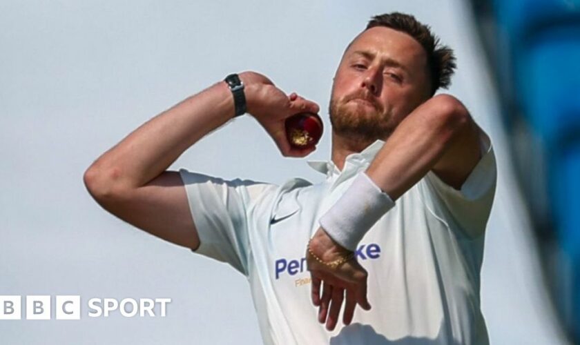 Louis Kimber pulls Ollie Robinson for six on the final day of the Vitality County Championship Two match between Sussex and Leicestershire