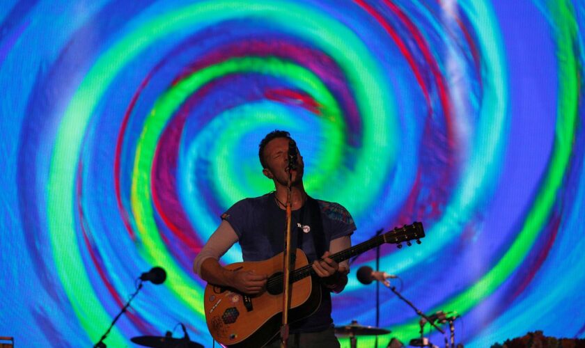 Coldplay perform on The Pyramid stage at Glastonbury. Pic: Reuters