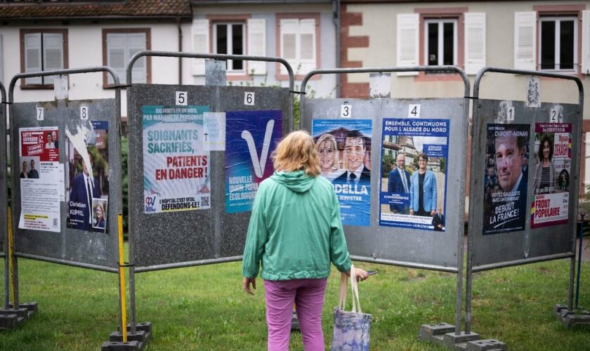 Une femme regarde les affiches électorales des candidats aux législatives à Wissembourg, le 30 juin 2024 dans le Bas-Rhin