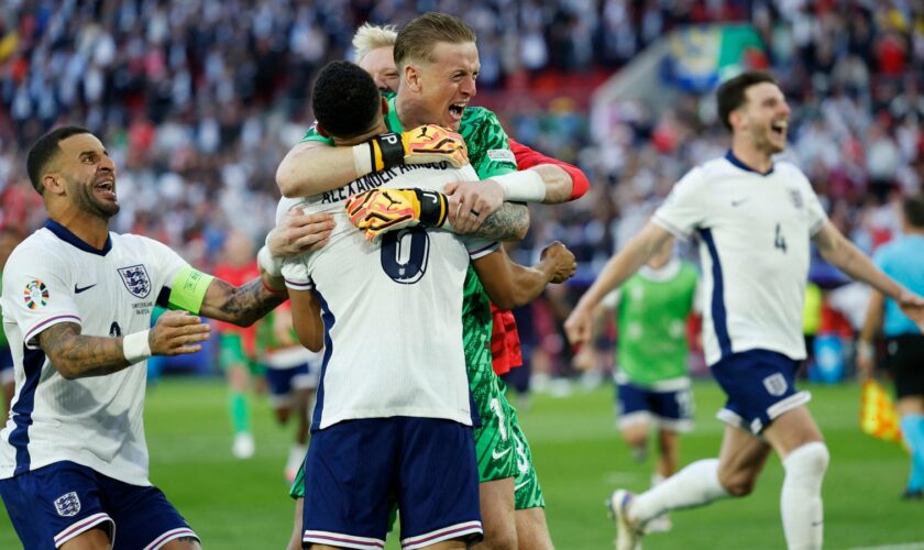 England v Switzerland - Dusseldorf Arena, Dusseldorf, Germany - July 6, 2024 England's Trent Alexander-Arnold and Jordan Pickford celebrate after winning the penalty shootout Pic: Reuters