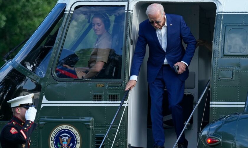 President Joe Biden walks off of Marine One on Sunday, 7 July. Pic: AP/Susan Walsh