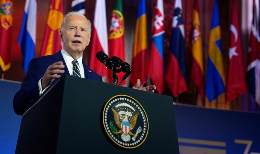 Biden during the 75th anniversary of NATO. Pic: AP