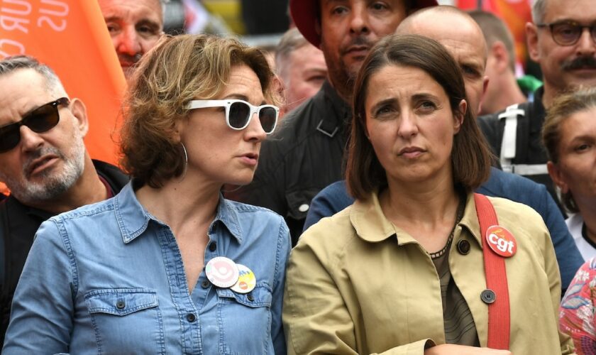 Les secrétaires générales de la CFDT Marylise Léon (G) et de la CGT Sophie Binet à la manifestation pour les salaires, le 13 octobre 2023 à Paris