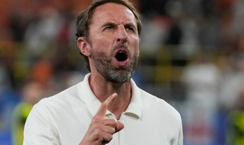 Gareth Southgate celebrates after the semi-final win. pic: AP Photo/Thanassis Stavrakis