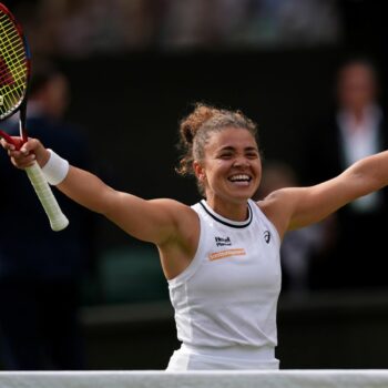 Jasmine Paolini celebrates winning her match against Donna.Vekic on day eleven of the 2024 Wimbledon Championships