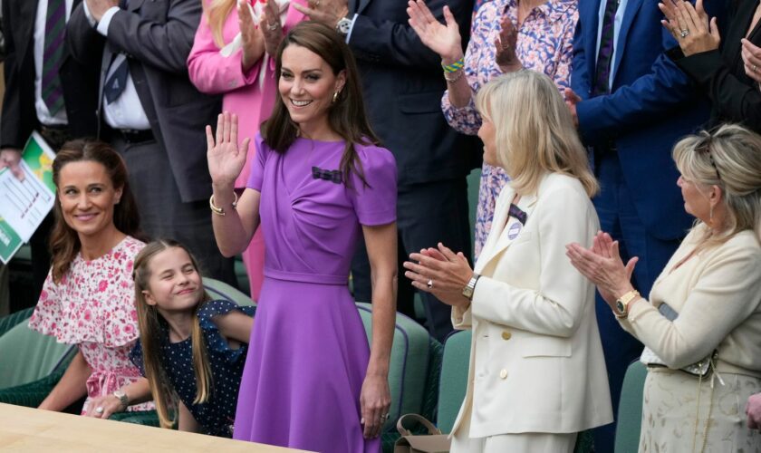 Kate, Princess of Wales waves to the crowd from the Royal Box, with her daughter Princess Charlotte, and her sister Pippa Matthews also in attendance. Pic: AP