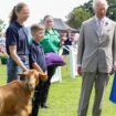 König Charles III., Königin Camilla und die Goldene Guernsey-Ziege Tamsin auf der Kanalinsel Guernsey.