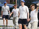 Stranger Things stars Finn Wolfhard and Gaten Matarazzo hold hands as they go house hunting with Gaten's girlfriend Elizabeth Yu in New York City