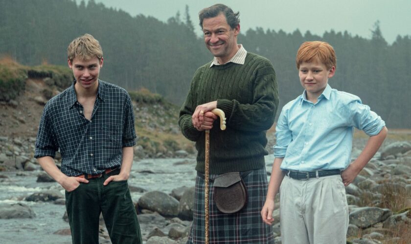 Dominic West as Prince Charles, with Rufus Kampa and Fflyn Edwards as William and Harry, in the sixth and final series of The Crown. Pic: Netflix