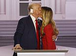 Sealed with a kiss: Melania and Donald share tender moment as family joins them on stage after former first lady broke with tradition... and one key member is missing