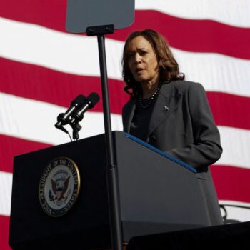 Kamala Harris, attending a memorial to the US's Bloody Sunday event, in Selma, Alabama, makes a speech about the Gaza truce. Pic: Reuters