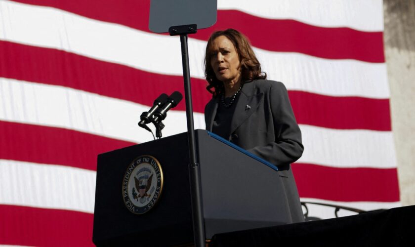 Kamala Harris, attending a memorial to the US's Bloody Sunday event, in Selma, Alabama, makes a speech about the Gaza truce. Pic: Reuters