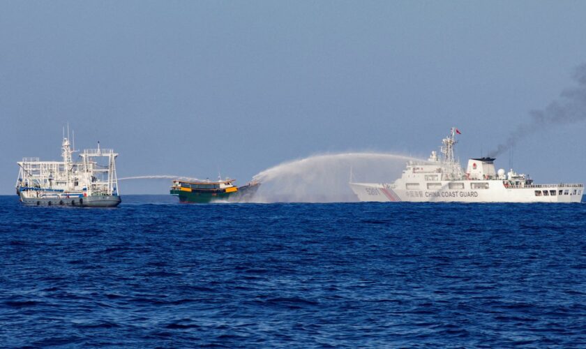 Chinese Coast Guard vessels fire water cannons towards a Philippine resupply vessel Unaizah May 4 on its way to a resupply mission at Second Thomas Shoal in the South China Sea,.Pic: Reuters