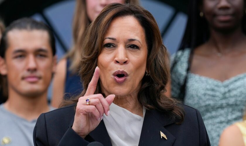 Vice President Kamala Harris speaks from the South Lawn of the White House in Washington, Monday, July 22, 2024, during an event with NCAA college athletes. This is her first public appearance since President Joe Biden endorsed her to be the next presidential nominee of the Democratic Party. (AP Photo/Susan Walsh)