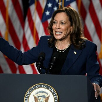 Kamala Harris speaks at a campaign rally in Wisconsin. Pic: Reuters