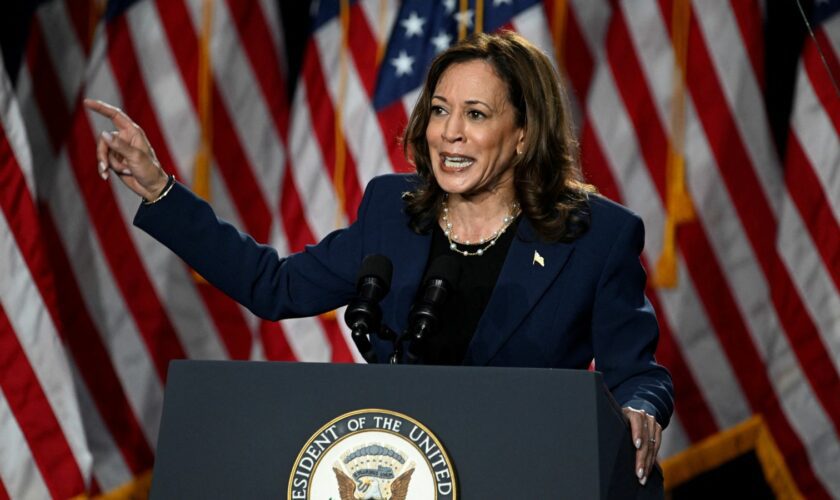 Kamala Harris speaks at a campaign rally in Wisconsin. Pic: Reuters