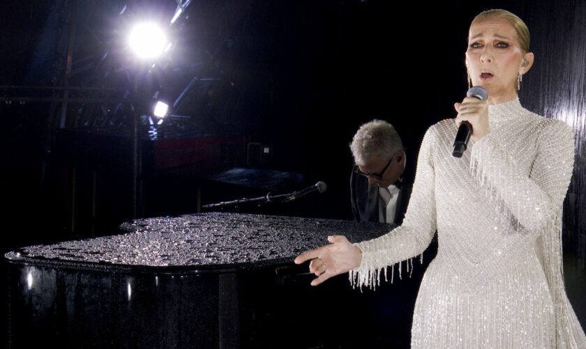 Celine Dion performs at the Eiffel Tower. Pic: Olympic Broadcasting Services via AP