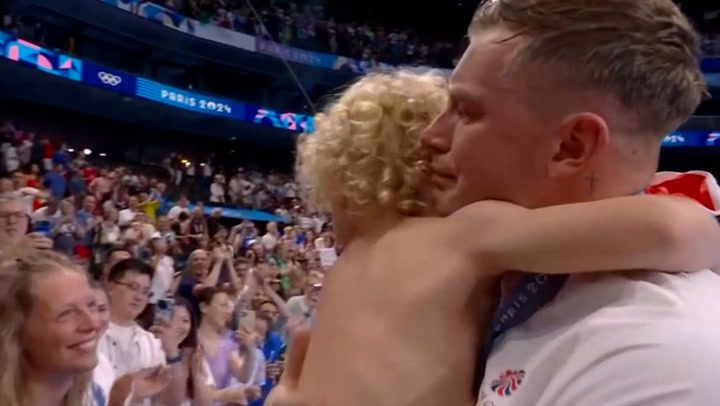 Tearful Adam Peaty hugs son after emotional Paris 2024 Olympics win