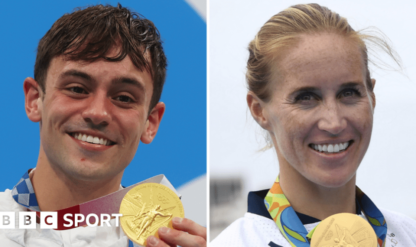 Tom Daley and Helen Glover holding Olympic medals