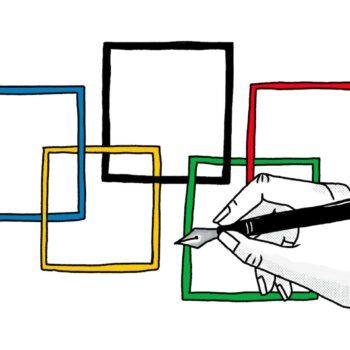 Illustration of a hand holding a pen over top interlocking comic panels in the colors of the Olympic rings.