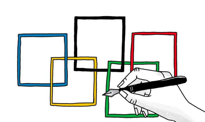 Illustration of a hand holding a pen over top interlocking comic panels in the colors of the Olympic rings.