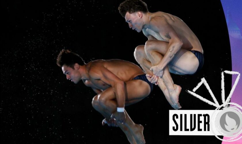 Tom Daley and Noah Williams diving with silver medal graphic