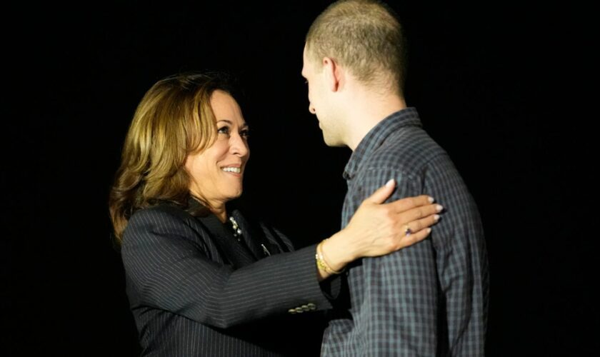 Vice President Kamala Harris greeted Evan Gershkovich. Pic: AP