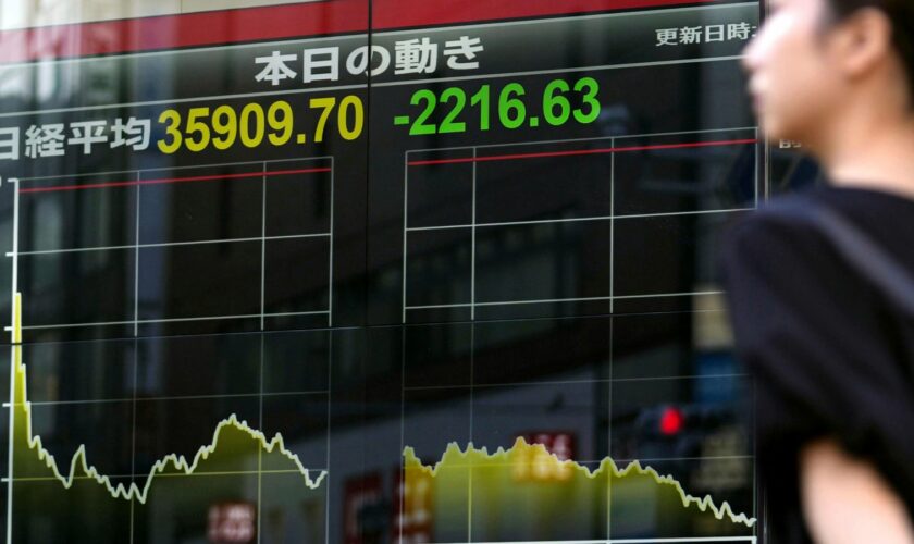 Japan's Nikkei 225 index shares tumbling. Pic: AP