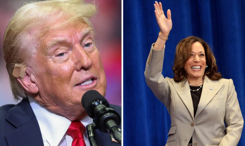 Donald Trump at a rally on Saturday and vice president Kamala Harris on Thursday. Pics: Reuters