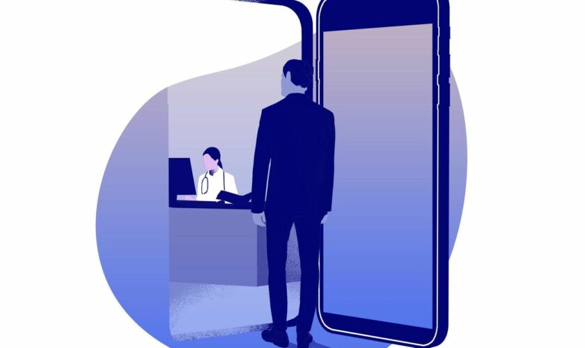 Illustration Arzttermin: Mann geht in eine Arztpraxis durch die Tür in Form eines Smartphones