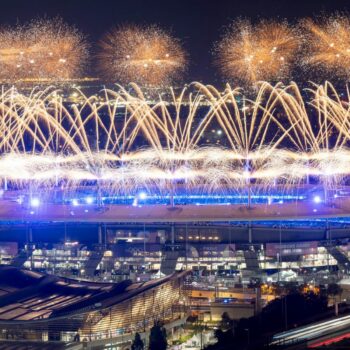 Fireworks over the Stade de France during the closing ceremony. Pic: Sebastian Kahnert/picture-alliance/dpa/AP Images