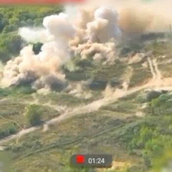 Explosions from a Ukrainian strike on a Russian platoon command in Kursk. Pic: Reuters