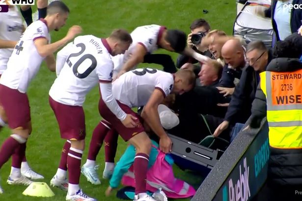 West Ham players rush to crying ball boy's aid after celebrating fans fall through advertising boards