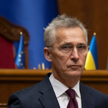 Le secrétaire général de l'Otan Jens Stoltenberg, au Parlement ukrainien le 29 avril 2024 à Kiev