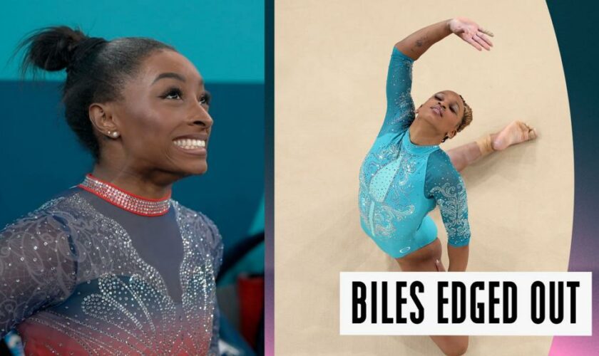 Watch as Team USA's Biles is edged out of a gold medal by Brazil's Rebeca Andrade in the women's floor final.