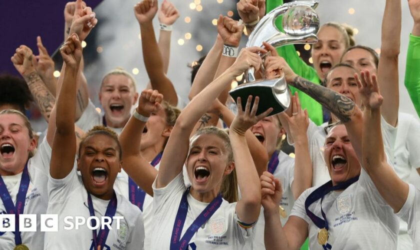 England lift the trophy after beating Germany to win Euro 2022