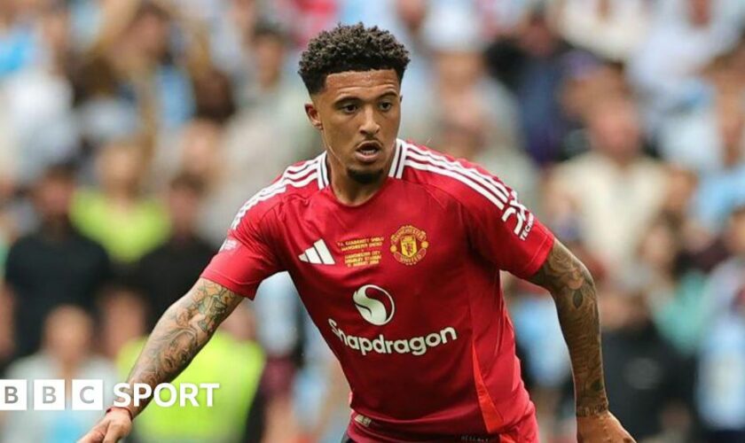 Jadon Sancho in action for Manchester United in the Community Shield