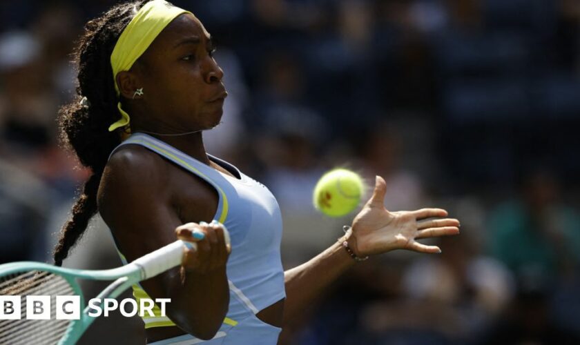 Coco Gauff plays a forehand shot at the US Open