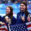 Paige Madden, Erin Gemmell, Claire Weinstein and Katie Ledecky celebrate silver