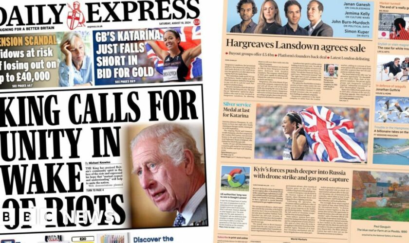 The Papers: 'King calls for unity' and 'medal at last' for KJT