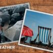 Montage of two images, presented as holiday photos: one of a crowd under umbrellas, the other of empty deckchairs and a parasol on a beach under a clear blue sky