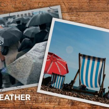 Montage of two images, presented as holiday photos: one of a crowd under umbrellas, the other of empty deckchairs and a parasol on a beach under a clear blue sky