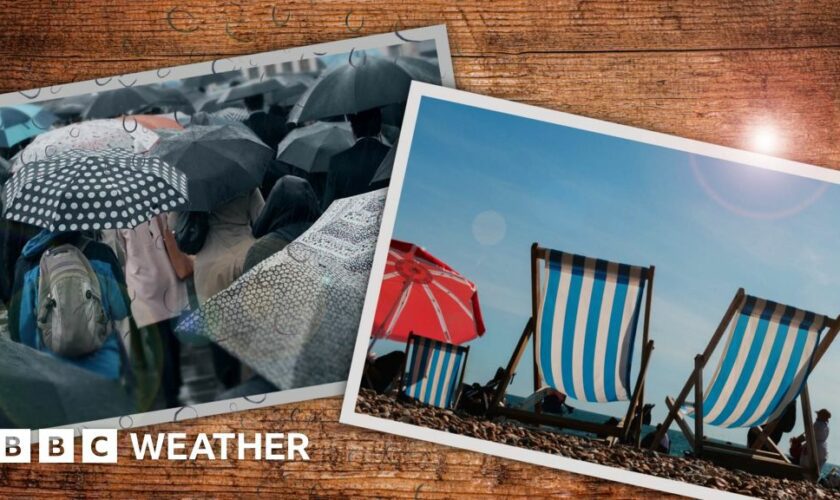 Montage of two images, presented as holiday photos: one of a crowd under umbrellas, the other of empty deckchairs and a parasol on a beach under a clear blue sky