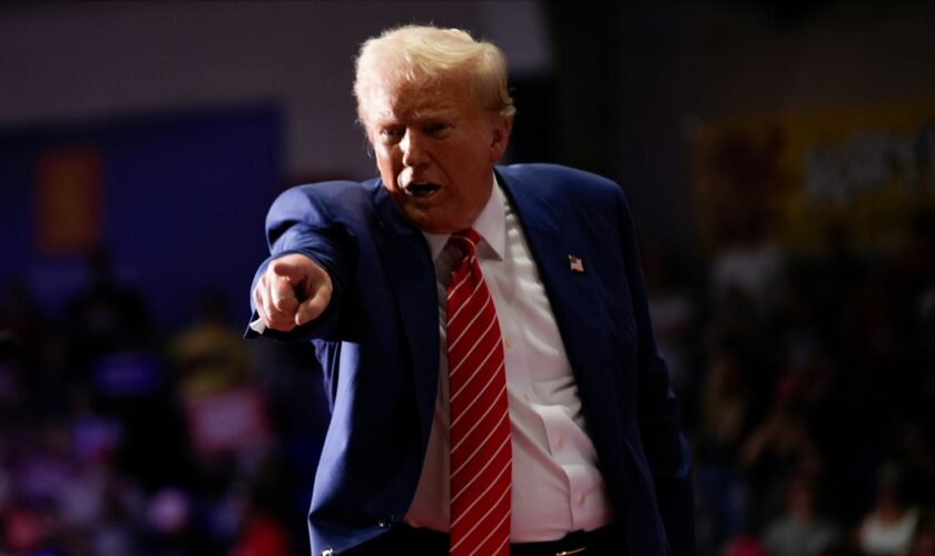 Donald Trump gestures after speaking at his rally in Johnstown. Pic: AP