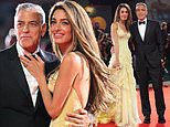 Amal Clooney looks incredible in a corsetted gown with a dramatic ruffled skirt as she supports husband George at premiere of Wolfs during the 81st Venice Film Festival