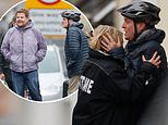 Gavin And Stacey's Mathew Horne is seen for the first time on set as he films bike accident scenes with on-screen wife Joanna Page and FINALLY reunites with James Corden after THAT 'feud'